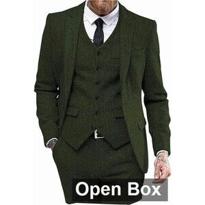 Mens Tweed Herringbone Wedding Suit Prom Tuxedo 3 Piece Peak Lapel Dress Size 36